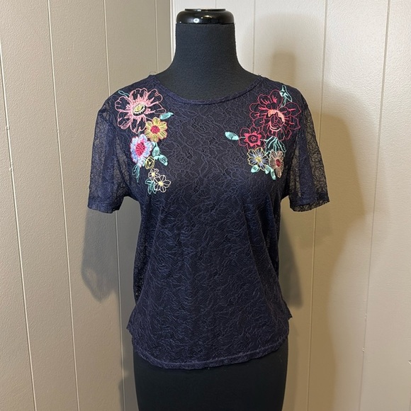 Zara Women’s Small Blue Lace Floral Embroidered Sheer Short Sleeve Top - Picture 1 of 7
